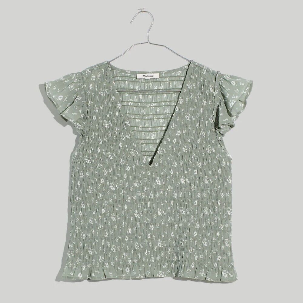MADEWELL Plus 28W Lucie V-Neck Smocked Top Cottage Garden Sage Green Women NWT